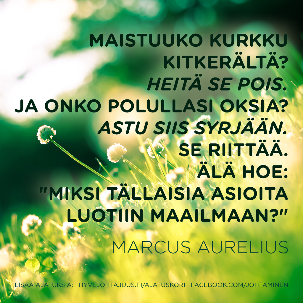 Maistuuko kurkku kitkerältä? Heitä se pois. Ja onko polullasi oksia? Astu siis syrjään. Se riittää. Älä hoe: "Miksi tällaisia asioita luotiin maailmaan?" — Marcus Aurelius