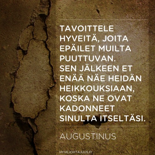 Tavoittele hyveitä, joita epäilet muilta puuttuvan. Sen jälkeen et enää näe heidän heikkouksiaan, koska ne ovat kadonneet sinulta itseltäsi. — Augustinus