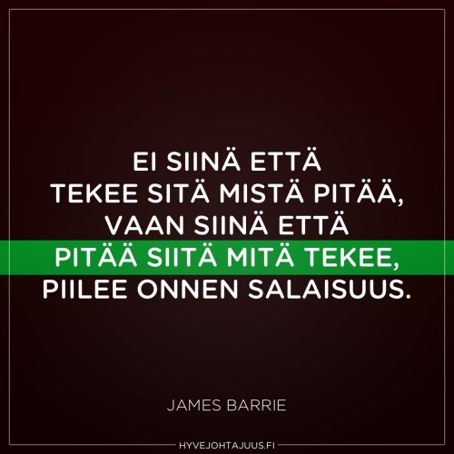 Ei siinä että tekee sitä mistä pitää, vaan siinä että pitää siitä mitä tekee, piilee onnen salaisuus. — James Barrie
