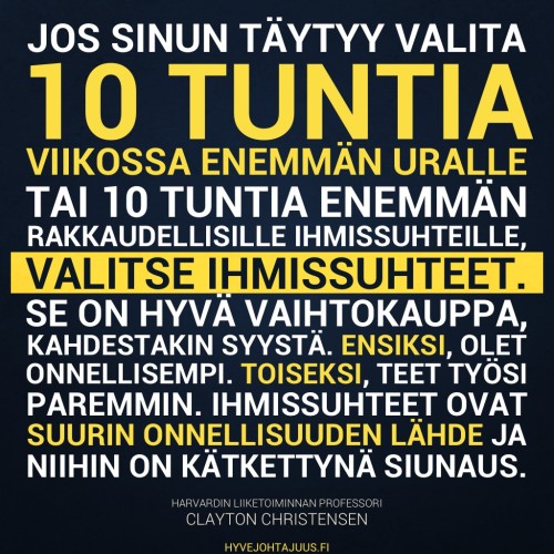 Jos sinun täytyy valita 10 tuntia viikossa enemmän uralle tai 10 tuntia enemmän rakkaudellisille ihmissuhteille, valitse ihmissuhteet. Se on hyvä vaihtokauppa, kahdestakin syystä. Ensiksi, olet onnellisempi. Toiseksi, teet työsi paremmin. Ihmissuhteet ovat suurin onnellisuuden lähde ja niihin on kätkettynä siunaus. — Harvardin liiketoiminnan professori Clayton Christensen