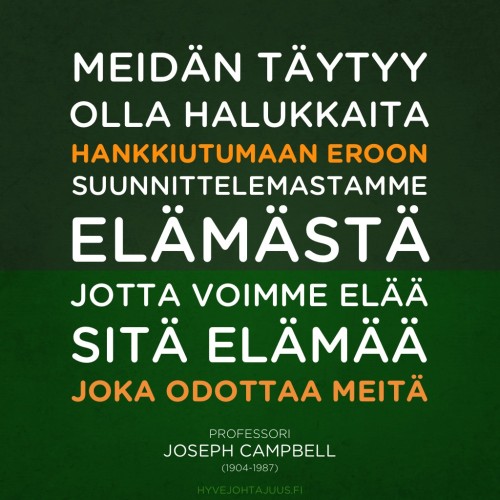 Meidän täytyy olla halukkaita hankkiutumaan eroon suunnittelemastamme elämästä, jotta voimme elää sitä elämää, joka odottaa meitä. — Professori Joseph Campbell (1904-1987)