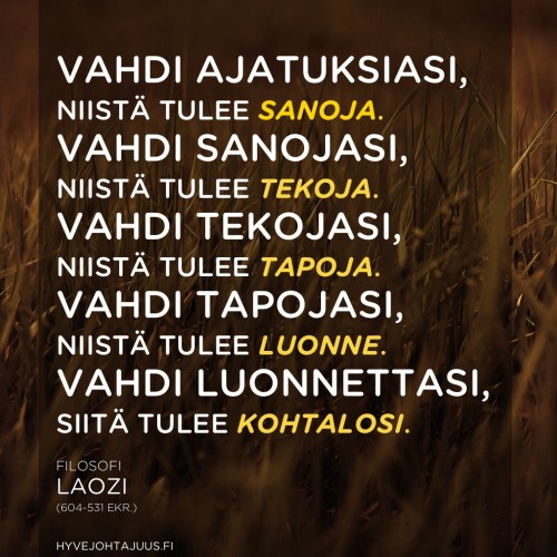 Vahdi ajatuksiasi, niistä tulee sanoja. Vahdi sanojasi, niistä tulee tekoja. Vahdi tekojasi, niistä tulee tapoja. Vahdi tapojasi, niistä tulee luonne. Vahdi luonnettasi, siitä tulee kohtalosi. — Filosofi Laozi (604-531 eKr.)