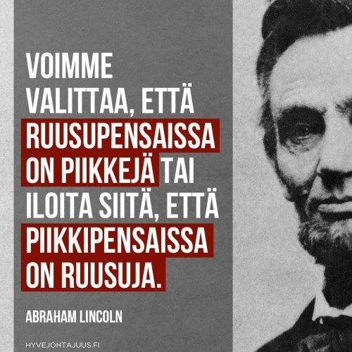 Voimme valittaa, että ruusupensaissa on piikkejä tai iloita siitä, että piikkipensaissa on ruusuja. — Abraham Lincoln