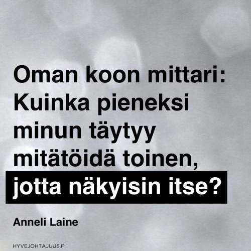 Oman koon mittari: Kuinka pieneksi minun täytyy mitätöidä toinen, jotta näkyisin itse? — Anneli Laine