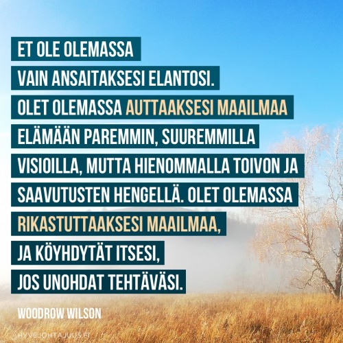 Et ole olemassa vain ansaitaksesi elantosi. Olet olemassa auttaaksesi maailmaa elämään paremmin, suuremmilla visioilla, mutta hienommalla toivon ja saavutusten hengellä. Olet olemassa rikastuttaaksesi maailmaa, ja köyhdytät itsesi, jos unohdat tehtäväsi. — Woodrow Wilson
