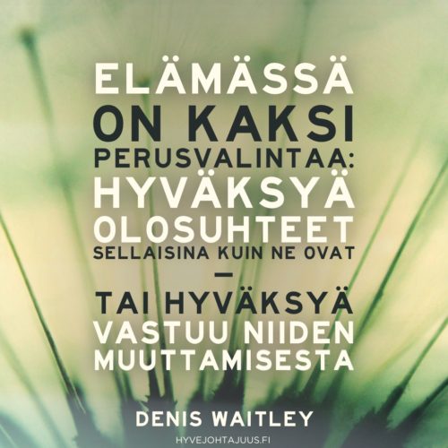 Elämässä on kaksi perusvalintaa: hyväksyä olosuhteet sellaisina kuin ne ovat – tai hyväksyä vastuu niiden muuttamisesta. — Denis Waitley